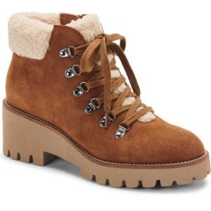NEW Blondo Devin Camel Suede Faux Fur Waterproof Ankle Boots Size 8.5